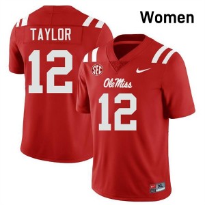 Women Damien Taylor Red Ole Miss Rebels #12 College Football Game Jerseys 261723-541