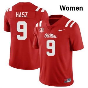 Womens Luke Hasz Red Ole Miss Rebels #9 College Football Embroidery Jersey 955435-940