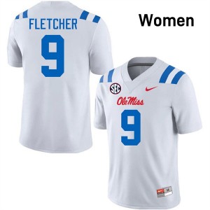 Womens Ricky Fletcher White Ole Miss Rebels #9 College Football Embroidery Jersey 521672-700