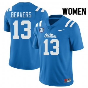 Womens Cedrick Beavers Powder Blue Ole Miss Rebels #13 College Football Stitched Jersey 920375-556