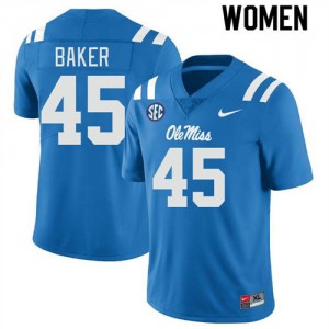 Womens Mike Baker Powder Blue Ole Miss Rebels #45 College Football University Jersey 726103-359