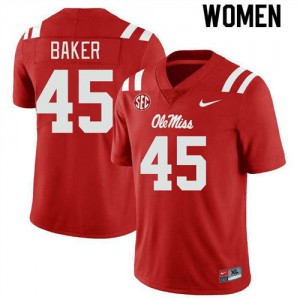 Women Mike Baker Red Ole Miss Rebels #45 College Football Stitched Jerseys 267378-109